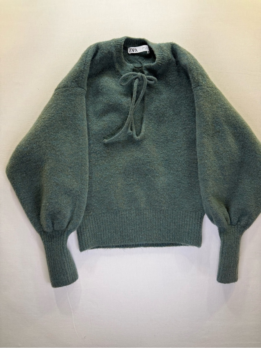 Zara Moss Green Puff-Sleeve Tie-Neck Sweater